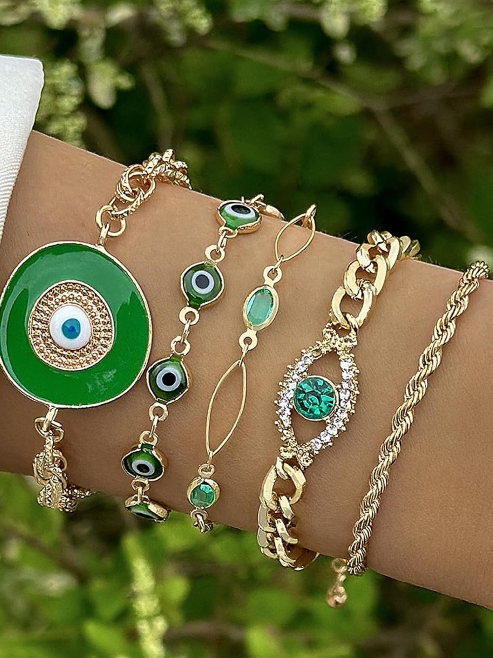 Anthropologie Gold-Tone Bracelet Stack with Green Enamel Evil Eye Accents